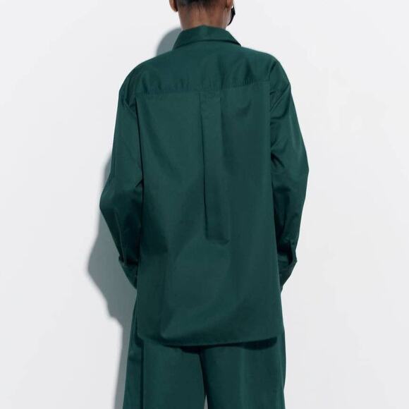 Zara Asymmetric Poplin Button Up Long Sleeve Shirt in Duck Green - Picture 3 of 10